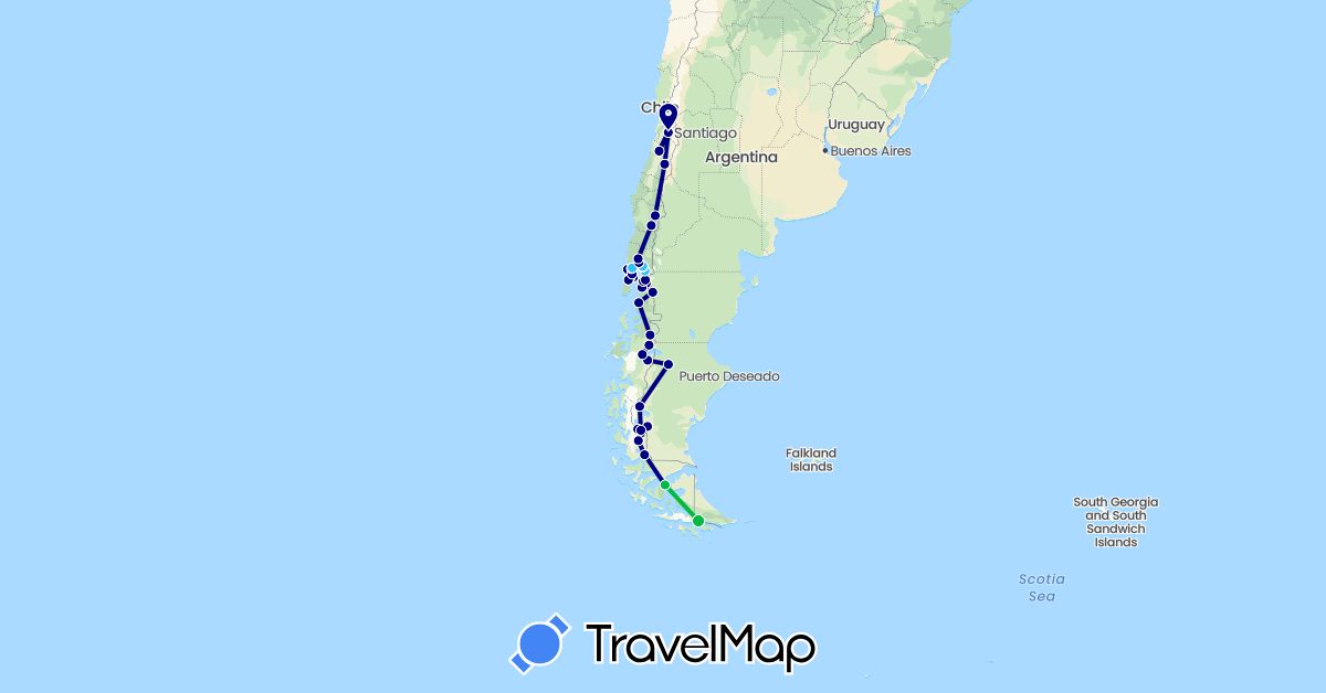 TravelMap itinerary: driving, bus, boat in Argentina, Chile (South America)
